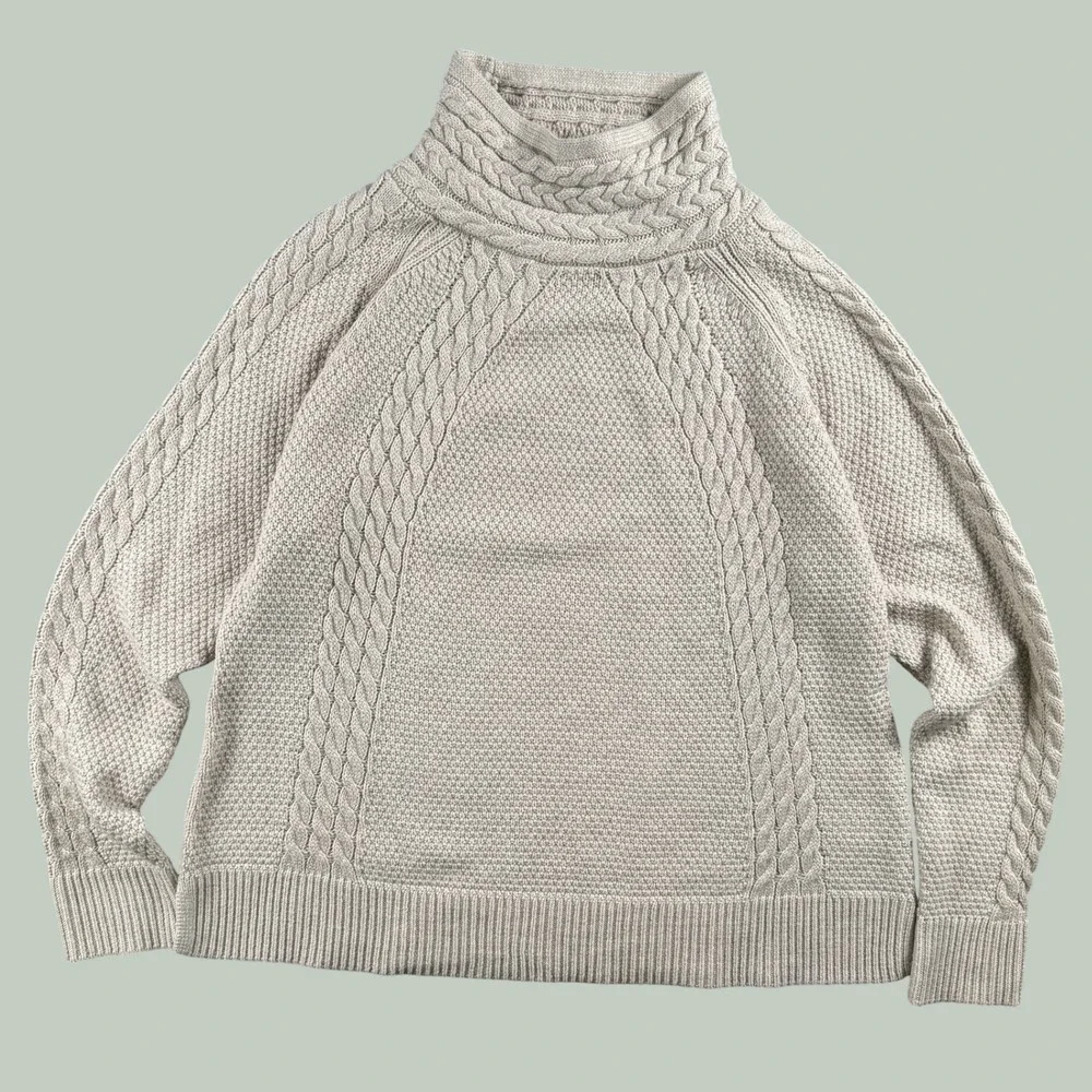 Aventura Sweater Women L Beige Cable Knit Merino Wool Blend Mock Neck Pullover